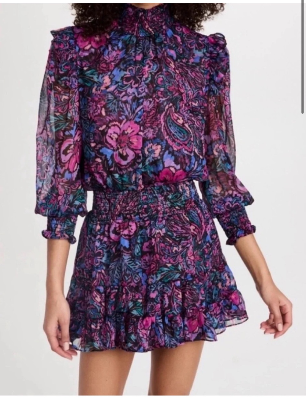 Misa Los Angeles Purple & Pink Floral High-Neck Smocked Mini Dress